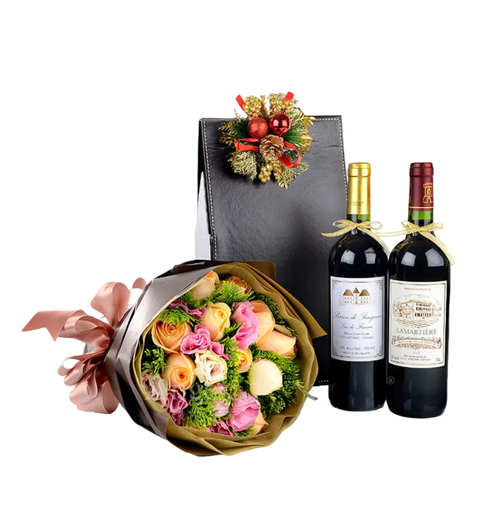 Elegant Wine and Floral Basket