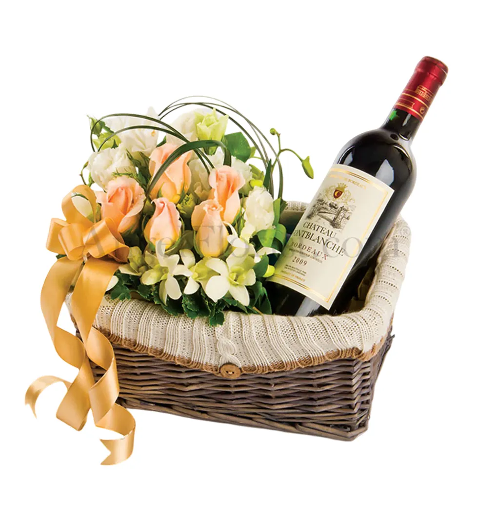 Elegant Basket of Wine & Blooms